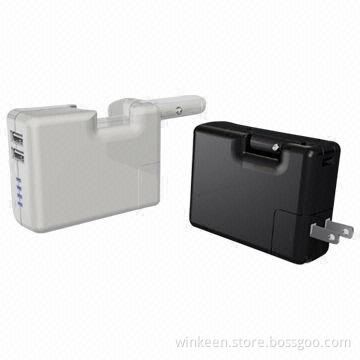 3-in-1 power charger for smartphones, portable tablet pad, w/ AC and car input plug, 2800mAh power